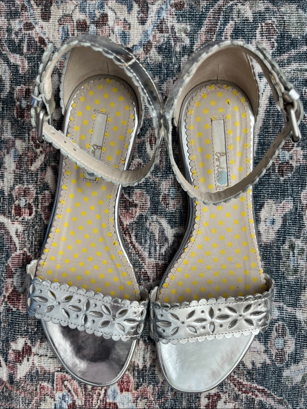 Boden Silver Floral Cutout Ankle-Strap Sandals